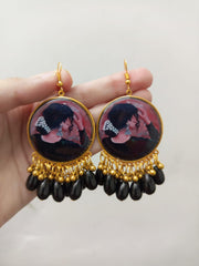 Resin Preserved   Painting  Earrings wiht Black Pearls