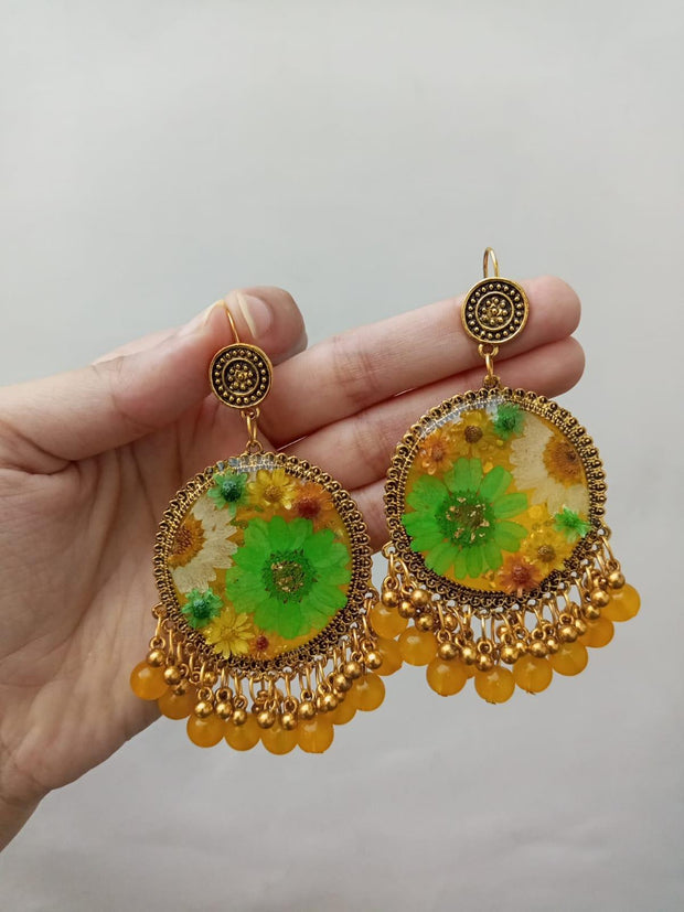 Flat Pressed Resin Preserved Fresh Petal Charms Epoxy Dried Flower Mehandi Theme  Jhumka