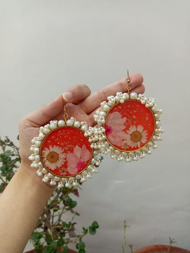 Resin Preserved White Pearls Round Flower  Preserve Jhumka Earrings