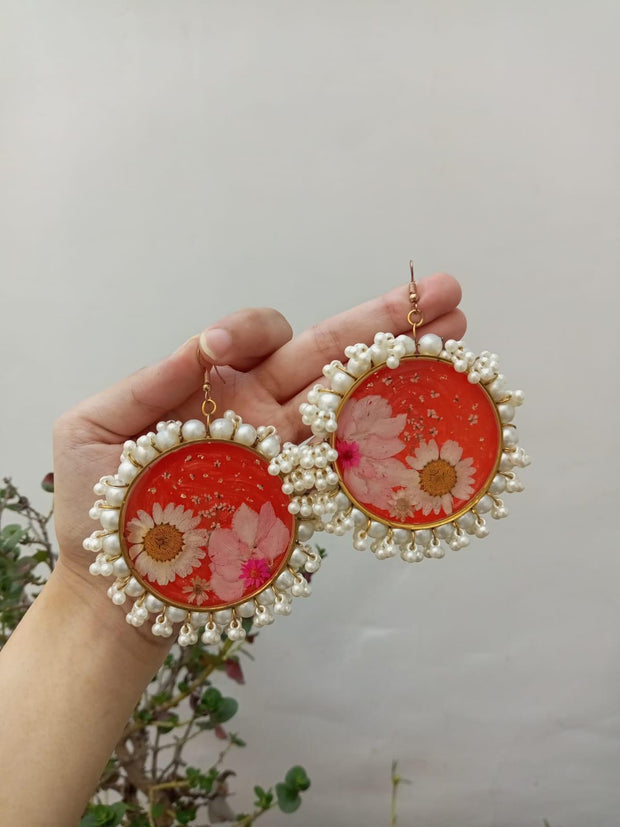 Resin Preserved White Pearls Round Flower  Preserve Jhumka Earrings
