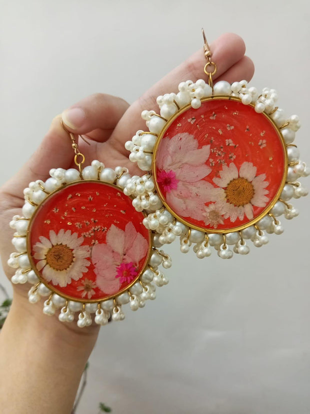 Resin Preserved White Pearls Round Flower  Preserve Jhumka Earrings