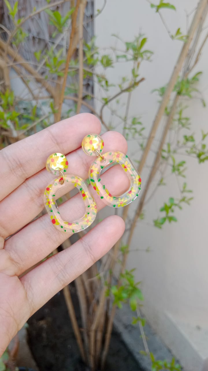 HAND PAINTED YELLOW FLOWERS TRANSPARENT RESIN EARRINGS