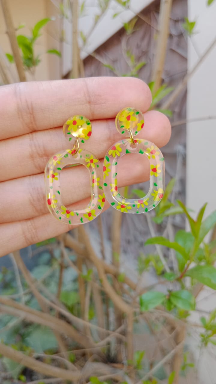 HAND PAINTED YELLOW FLOWERS TRANSPARENT RESIN EARRINGS