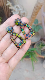 HAND PAINTED BLACK  MULTI  FLOWERS  RESIN EARRINGS