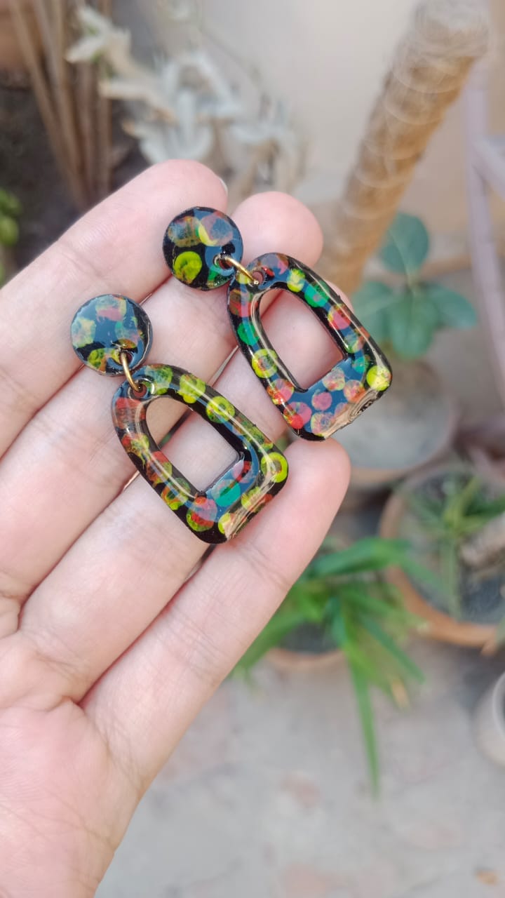 HAND PAINTED BLACK  MULTI  FLOWERS  RESIN EARRINGS