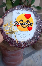 prserve nikkah  card ,topper and gujra flower   in palque and jewlery set