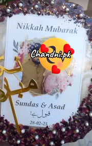 prserve nikkah  card ,topper and gujra flower   in palque and jewlery set