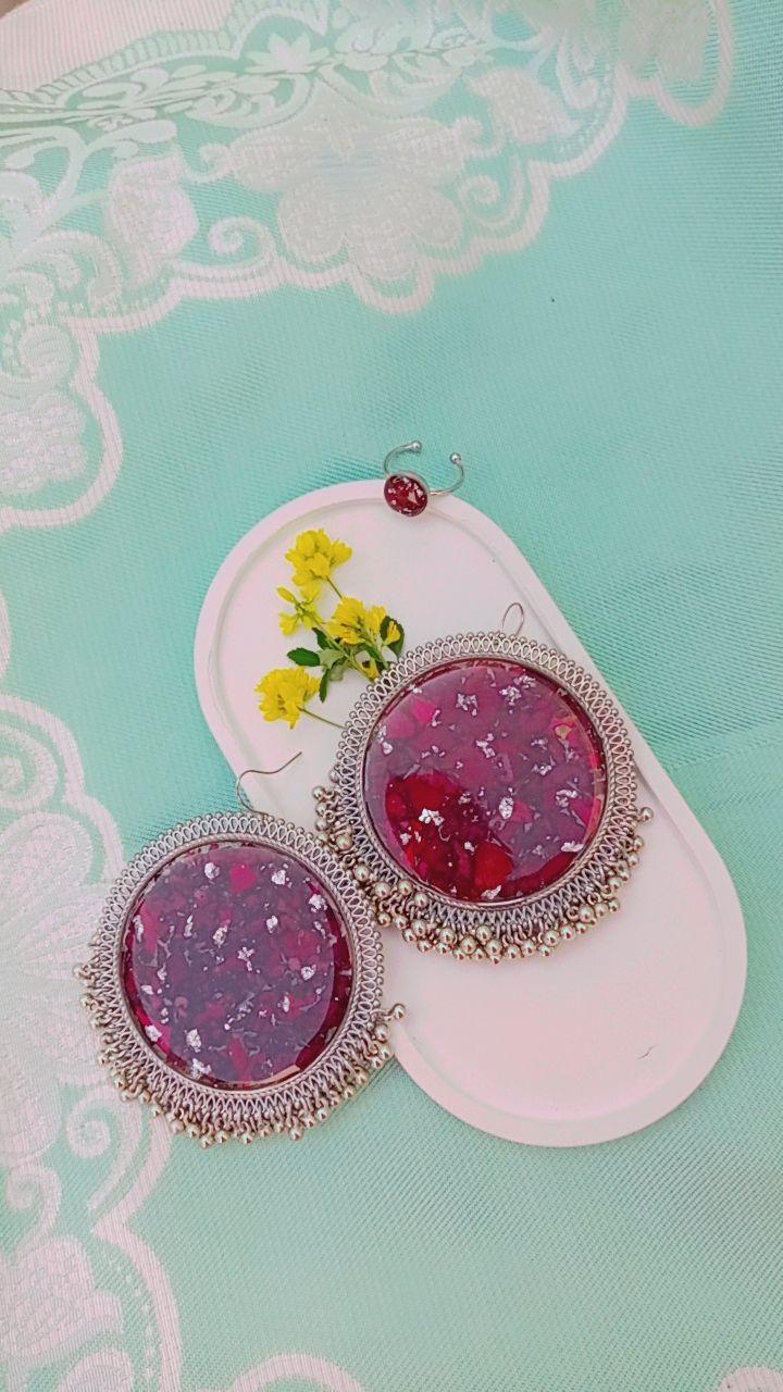 RESINE PRSERVED ROSE  PETAL  CRUSH JHUMKA AND RING SET
