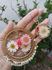 FLAT PRESSED RESIN PRESERVED FRESH PETAL  PENNDENT WITH CHAIN AND JHUMKA SET
