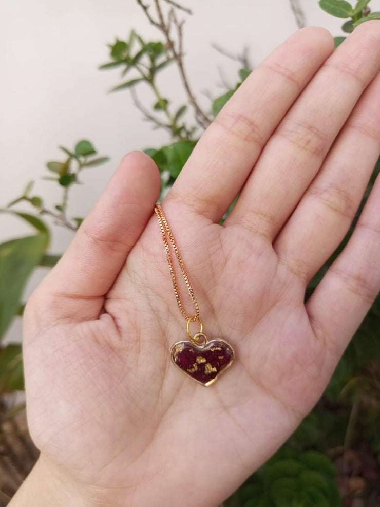 RESIN PRESERVED FRESH CRUSH PETAL HEART  MINI PENNDENT WITH CHAIN