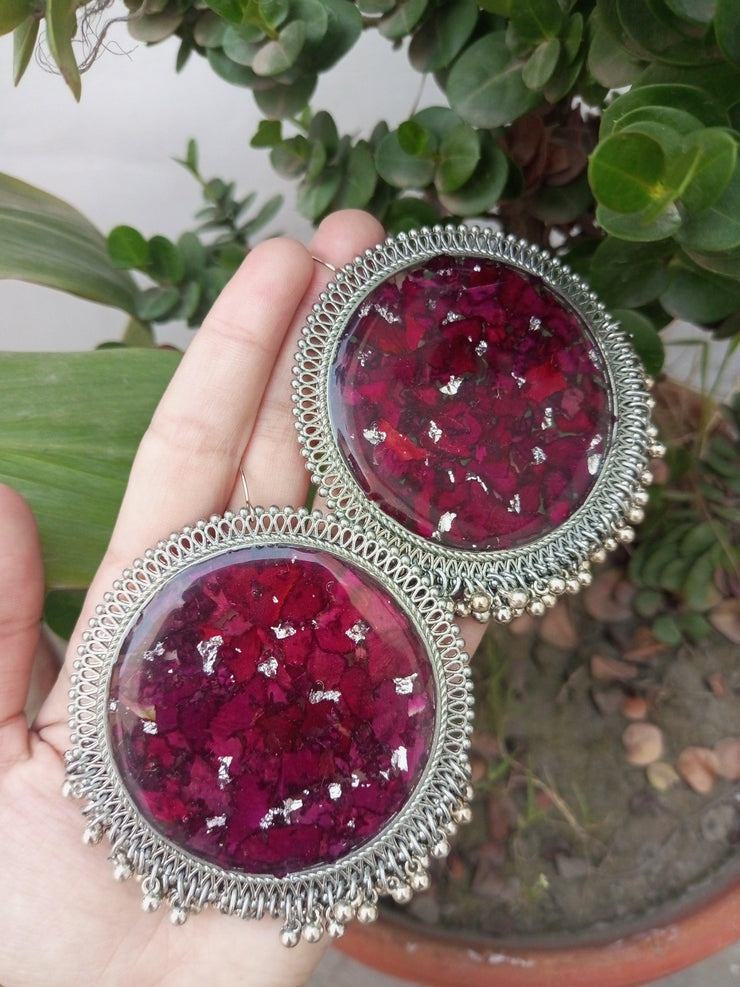 FLAT PRESSED RESIN PRESERVED FRESH CRUSH ROSE  OVERSIZEJHUMKA