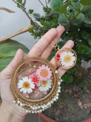 FLAT PRESSED RESIN PRESERVED FRESH PETAL  PENNDENT WITH CHAIN AND JHUMKA SET