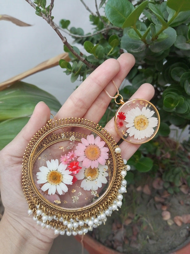 FLAT PRESSED RESIN PRESERVED FRESH PETAL  PENNDENT WITH CHAIN AND JHUMKA SET
