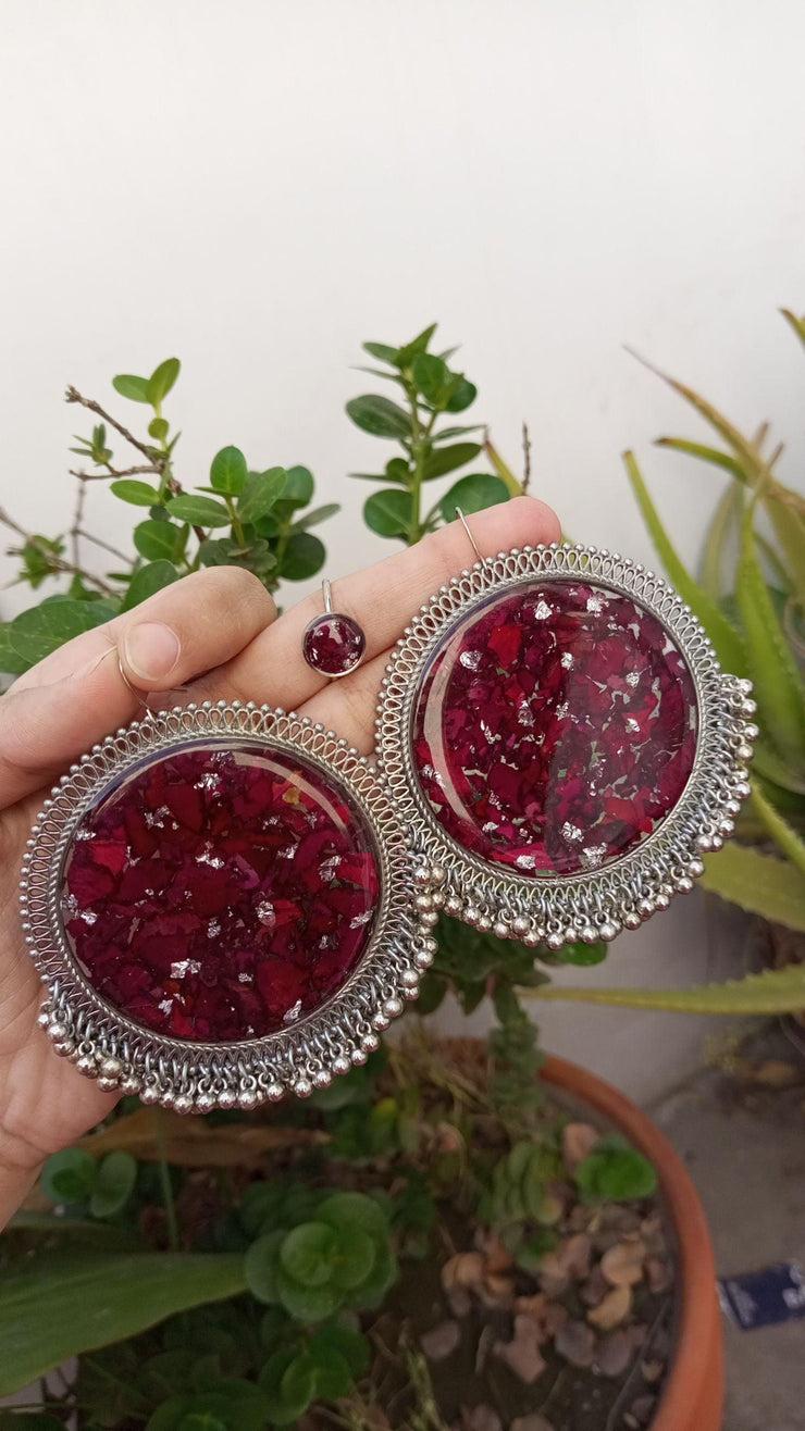 RESINE PRSERVED ROSE  PETAL  CRUSH JHUMKA AND RING SET