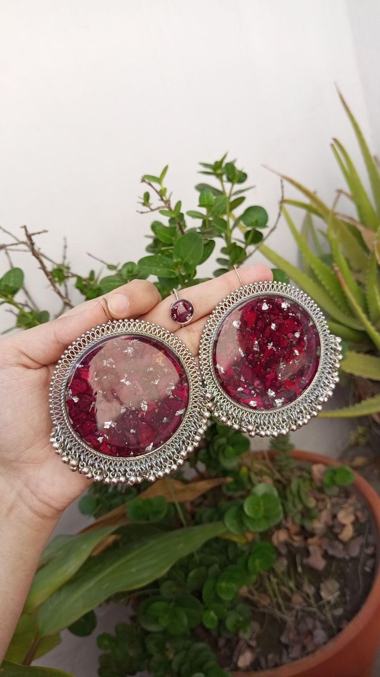 RESINE PRSERVED ROSE  PETAL  CRUSH JHUMKA AND RING SET
