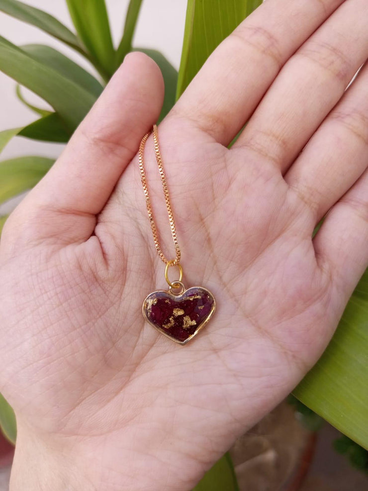 RESIN PRESERVED FRESH CRUSH PETAL HEART  MINI PENNDENT WITH CHAIN