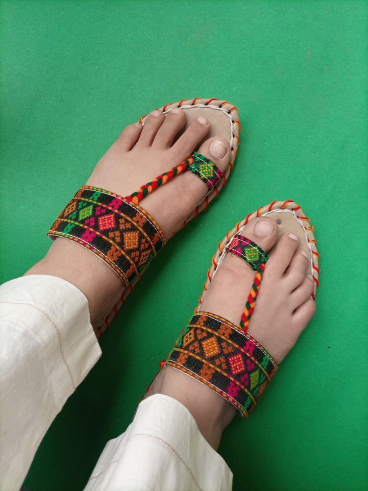 CHK-454-Handmade embroidered Green Multi kolhapuri