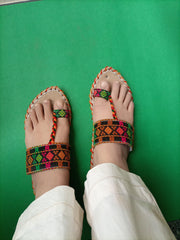 CHK-454-Handmade embroidered Green Multi kolhapuri