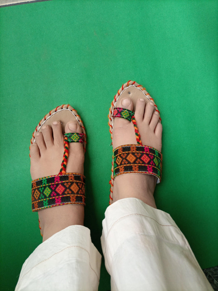 CHK-454-Handmade embroidered Green Multi kolhapuri