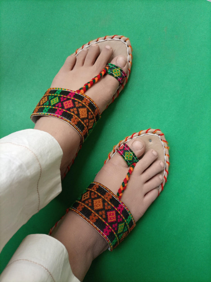 CHK-454-Handmade embroidered Green Multi kolhapuri