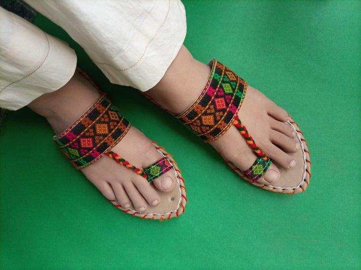 CHK-454-Handmade embroidered Green Multi kolhapuri