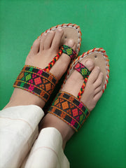 CHK-454-Handmade embroidered Green Multi kolhapuri