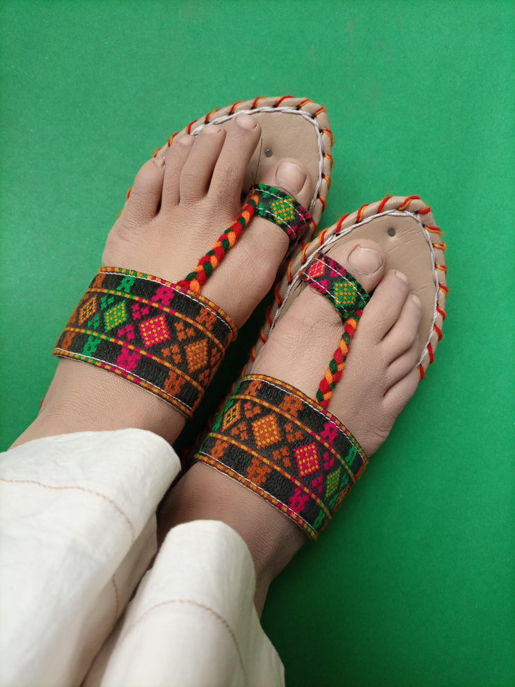 CHK-454-Handmade embroidered Green Multi kolhapuri