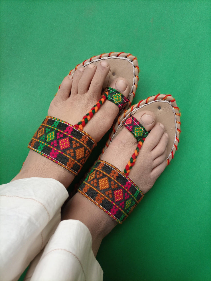 CHK-454-Handmade embroidered Green Multi kolhapuri
